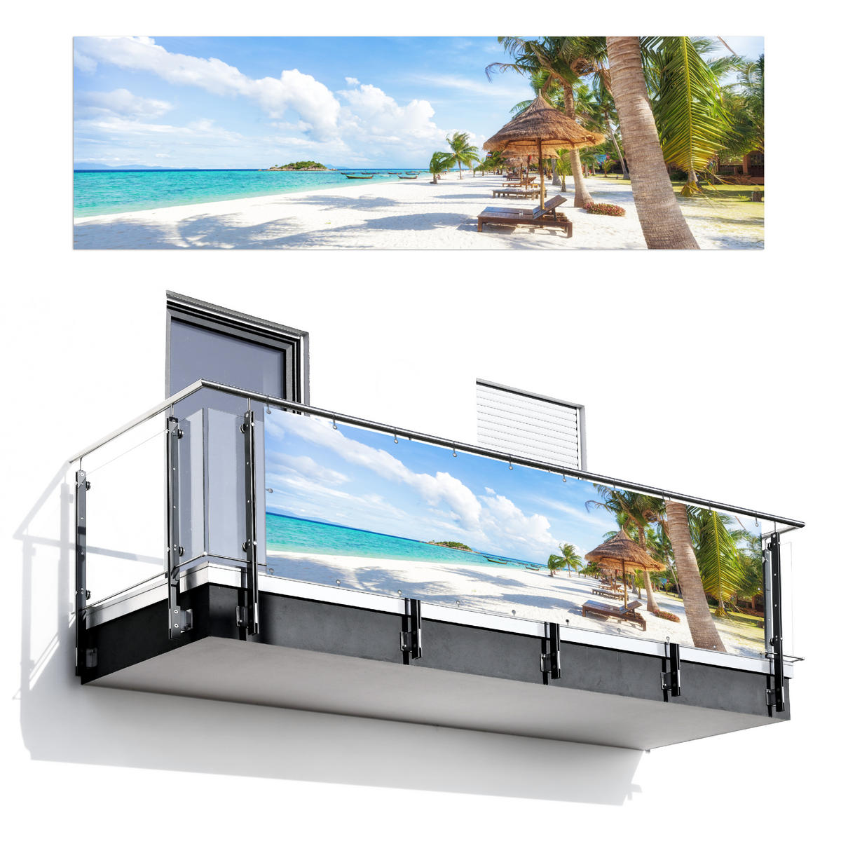 BALKON-SICHTSCHUTZ Strand - Meer - Palmen 300x90 cm - Hellblau, Kunststoff (300/90cm) - MuchoWow