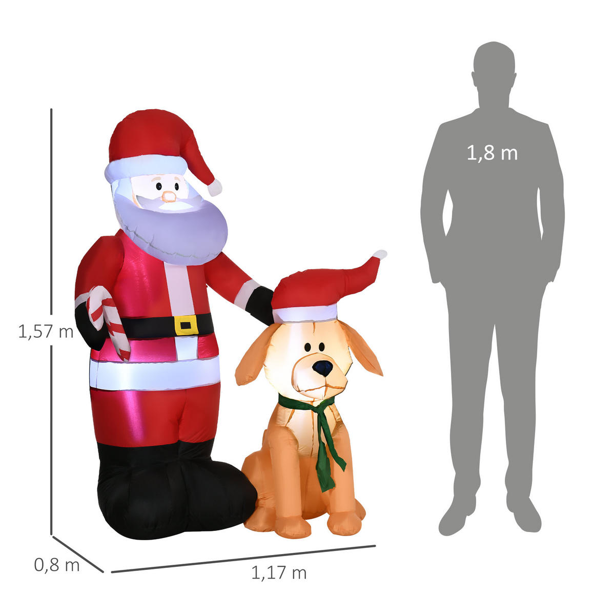 157 cm Aufblasbarer Weihnachtsmann mit Hund Weihnachtsdeko mit LED Wasserdicht - Rot, Kunststoff (80/157/117cm) - Outsunny