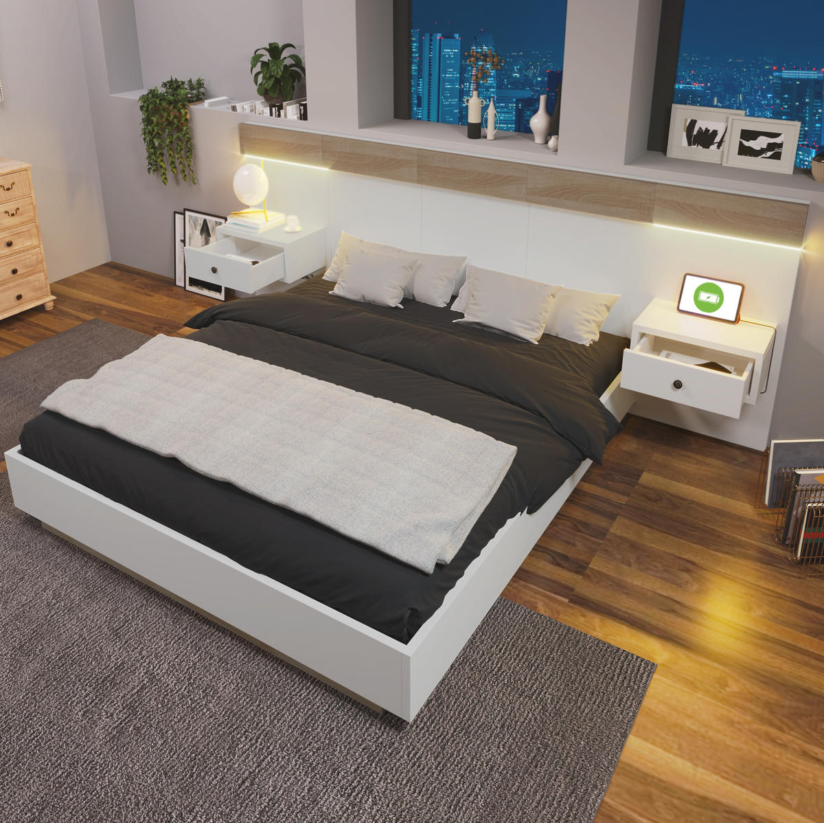BETT 140/200 cm mit 2 LED-Nachtkommoden und USB- und Type-C-Anschlüssen - Weiß, Holzwerkstoff (140/200cm) - Flora Grace