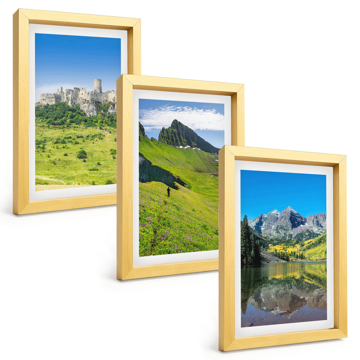 BILDER SET 3er Set - 20x30 cm Goldrahmen - Grüne Hügel mit einer Burg - Goldfarben, Kunststoff (20/30cm) - TULUP