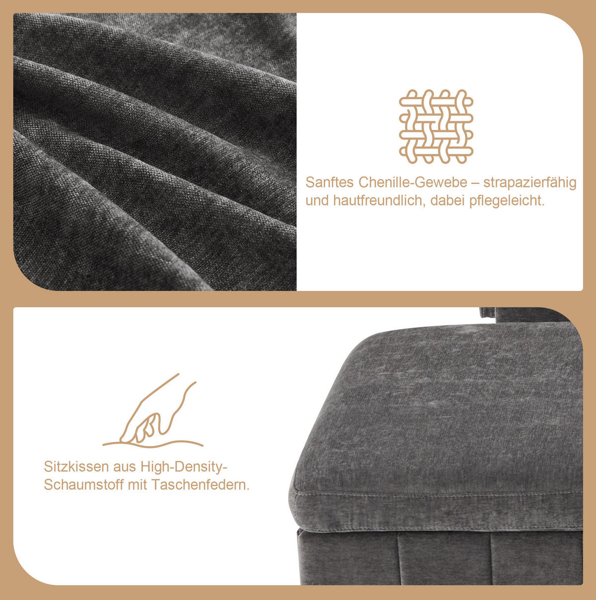 ECKSOFA Chenille mit Schlaffunktion und Hocker, USB-Anschluss/Type-C 205/205/85 cm Grau - Grau, Textil (205/205cm) - Redom