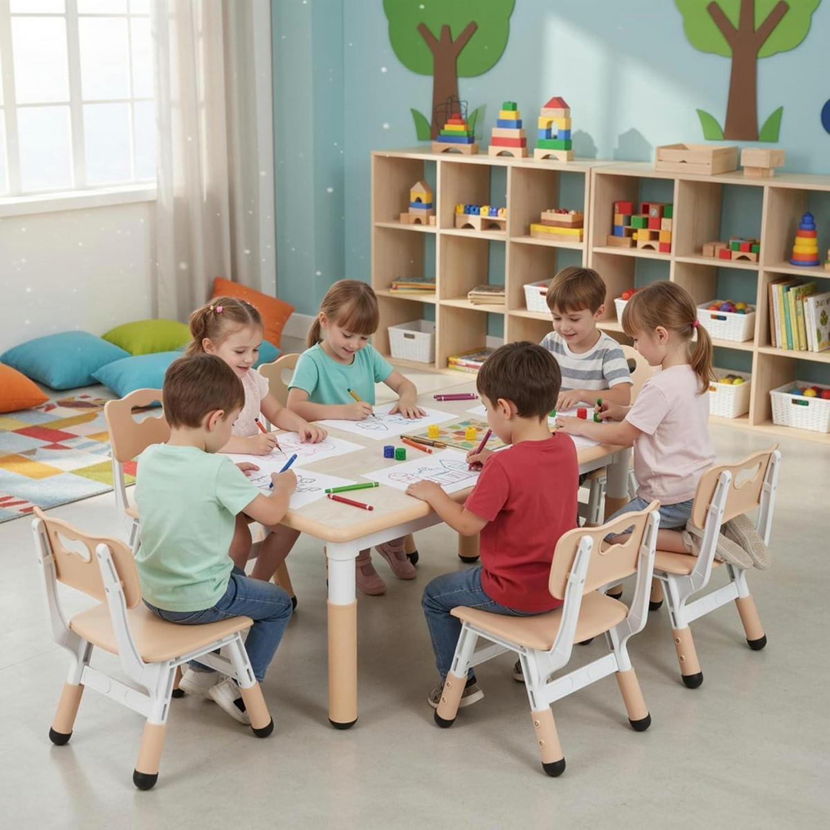 KINDERTISCH- und Stuhl-Set 7-teilig höhenverstellbar Gelb - Multicolor, Kunststoff (60/60/120cm)