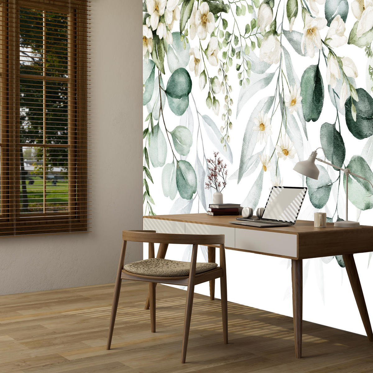 FOTOTAPETE für Schlafzimmer Aquarell Blätter Blumen Weiß 500x350 - Gelb/Weiß, Papier (500/350cm) - Muralo