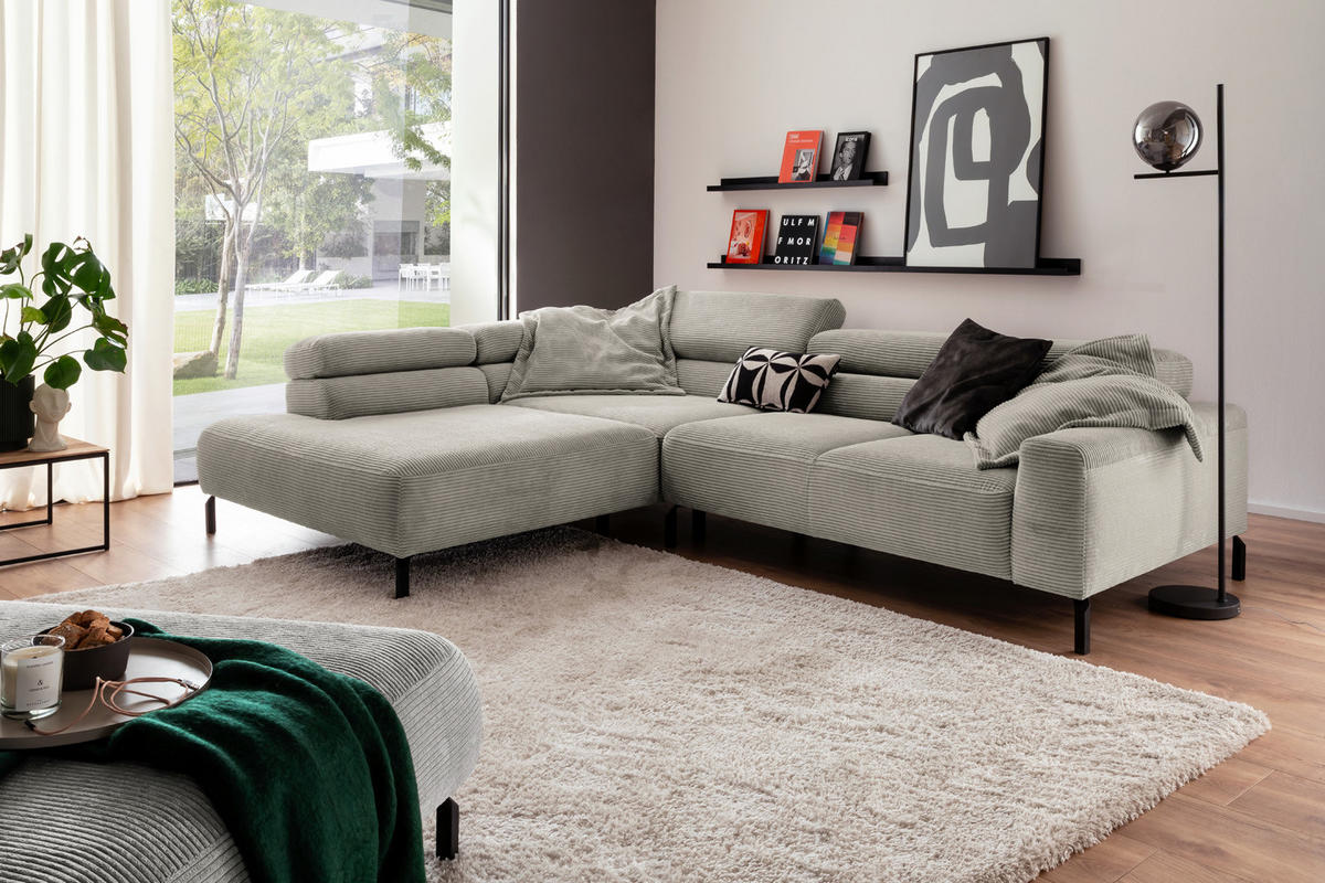 ECKSOFA DELIA Steingrau Cord - Greige/Schwarz, Textil/Metall (312/219cm) - KAWOLA