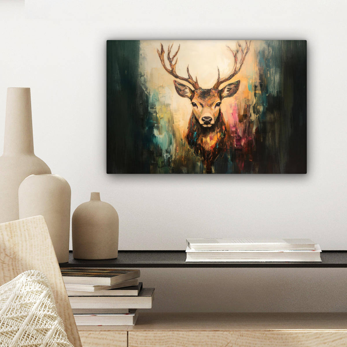 LEINWANDBILD Hirsch - Gemalt - Geweih - Braun Deko Schlafzimmer 30x20 cm - Haselnussfarben, Textil (30/20cm) - MuchoWow