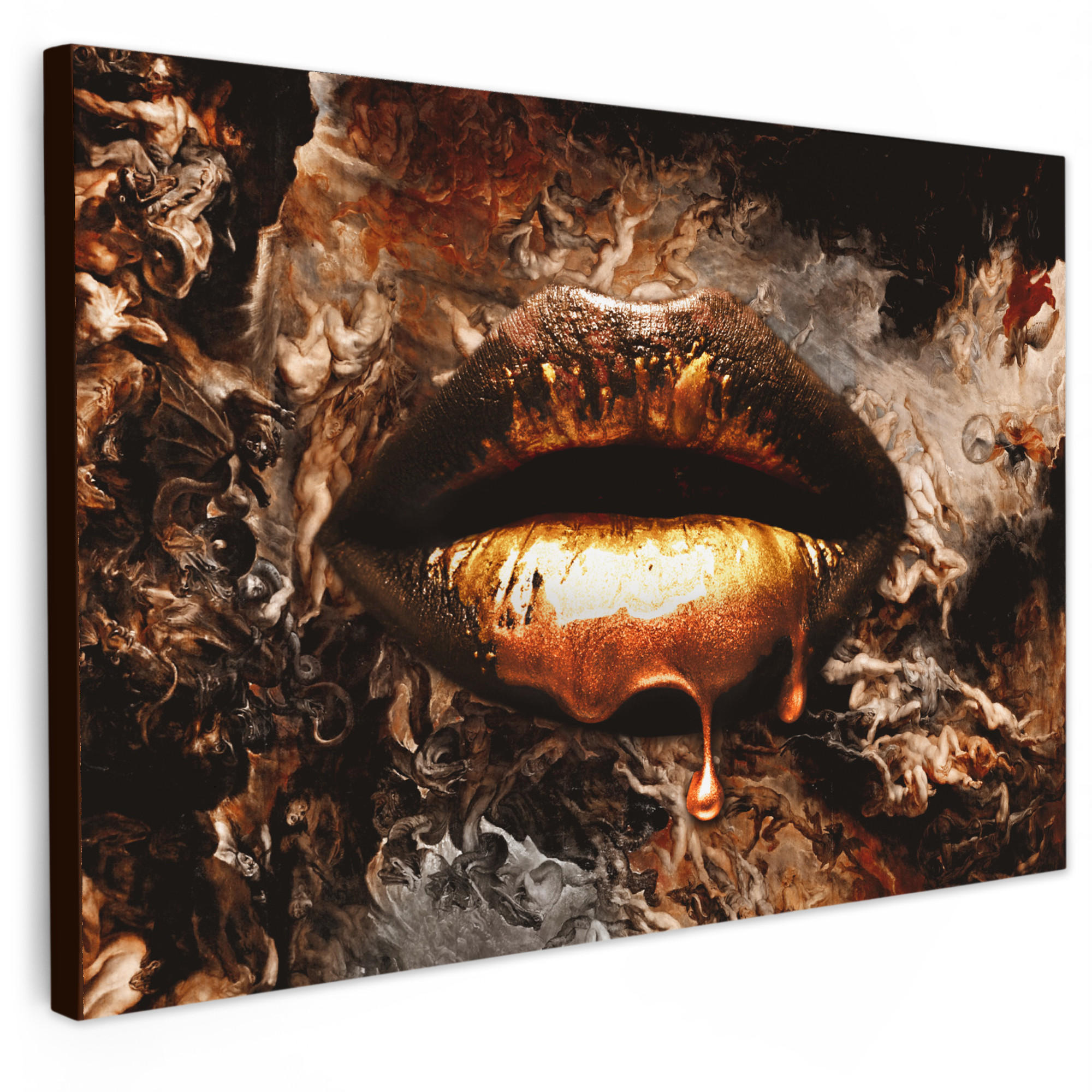 LEINWANDBILD Gold - Lippen - Kunst - Gold - Luxus - Abstrakt XXL 150x100 cm - Kupferfarben, Textil (150/100cm) - MuchoWow