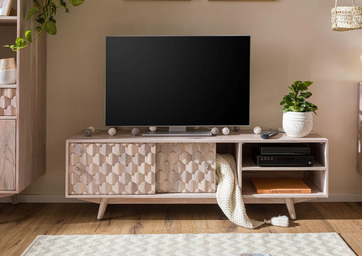 TV-BOARD Akazie 145x35x45 weiß lackiert MOSAYK #201 - Weiß, Holz (145/45/35cm) - Massivmoebel24