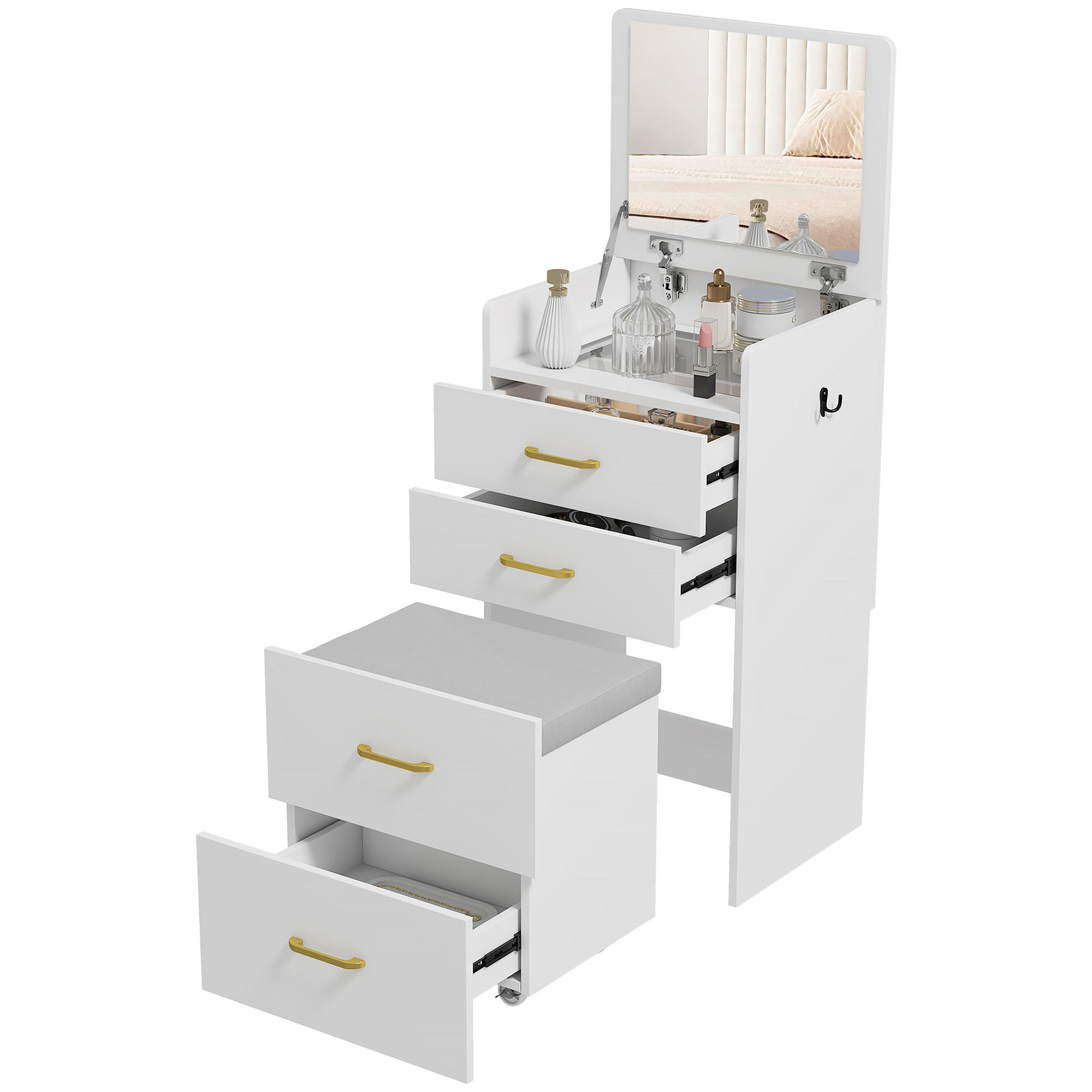 SCHMINKTISCH DE-18302 3-in-1 mit Spiegel, Hocker & Glasplatte Weiß - Weiß, Holzwerkstoff (40/90/48cm) - ComfortXL