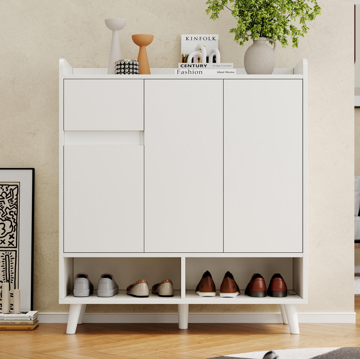 SCHUHSCHRANK aus Spanplatte 90x35x99cm in Weiß mit Massivholzbeinen - Weiß, Holzwerkstoff (90/99/35cm) - Modfu