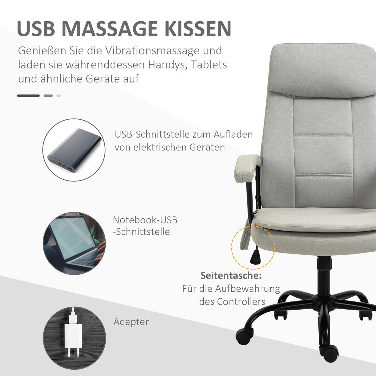 MASSAGEBÜROSTUHL Drehstuhl höhenverstellbar Lendenwirbelsäulenmassage Beige - Beige, Kunststoff (70/121/63cm) - Vinsetto