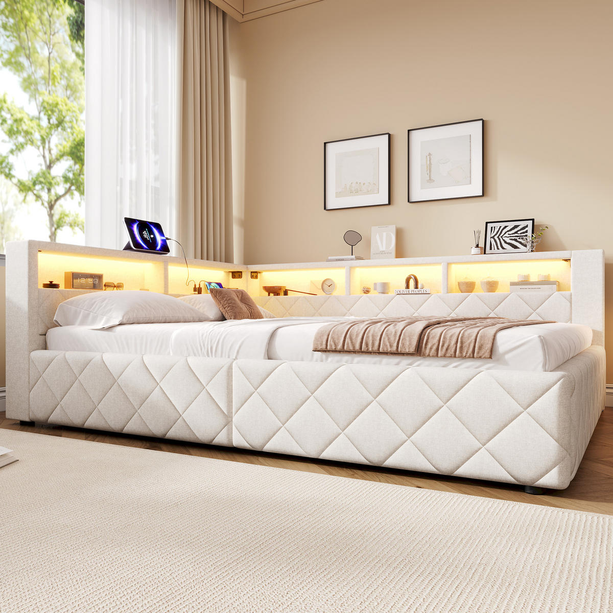 SCHLAFSOFA 140 x 200 cm, Beige, Leinen, LED, USB - Beige, Naturmaterialen (140/200cm) - FLIEKS
