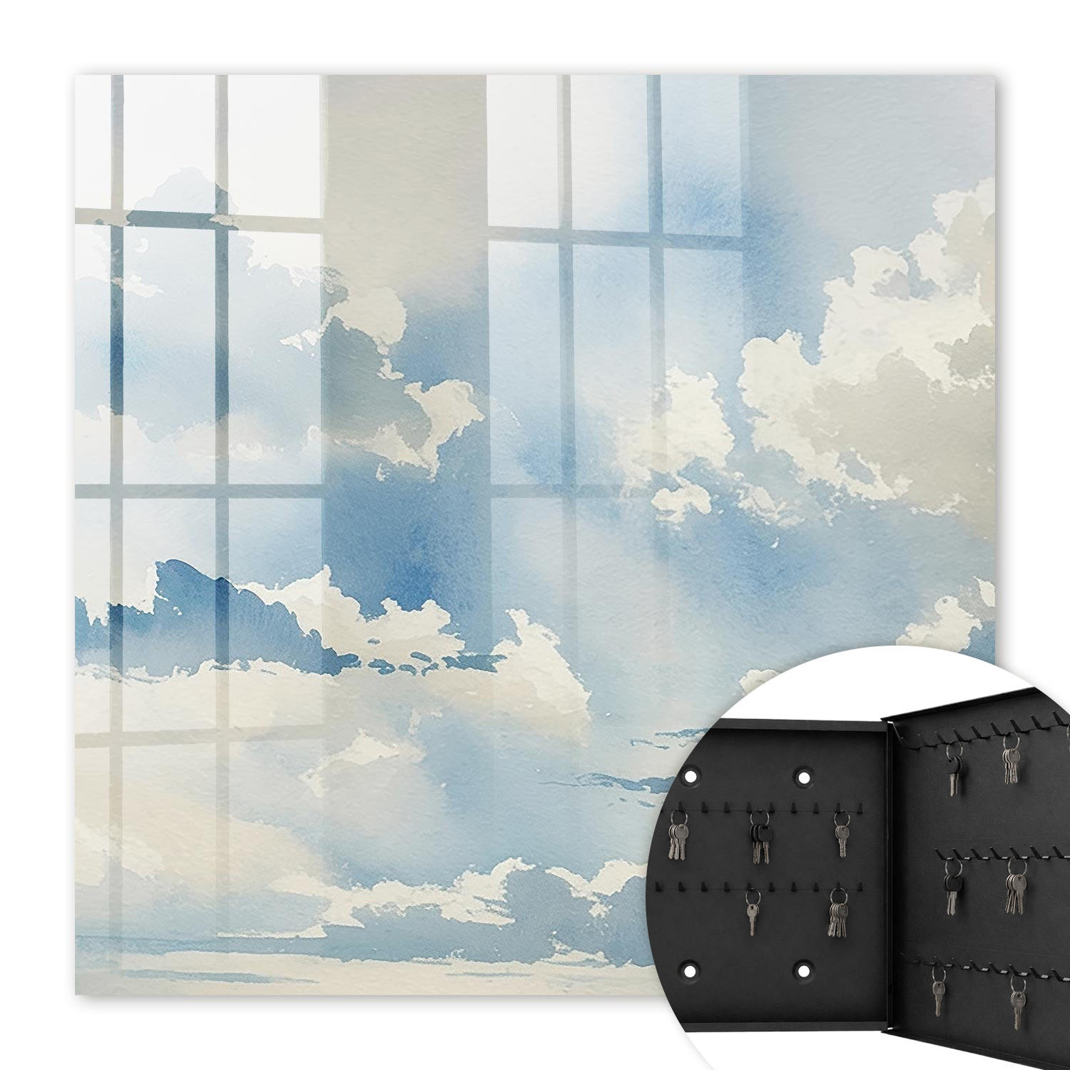 SCHLÜSSELBOX Schwarz 30x30 cm- Türöffnung nach rechts - Wolken am Himmel - Blau, Metall (30/30/5cm) - TULUP