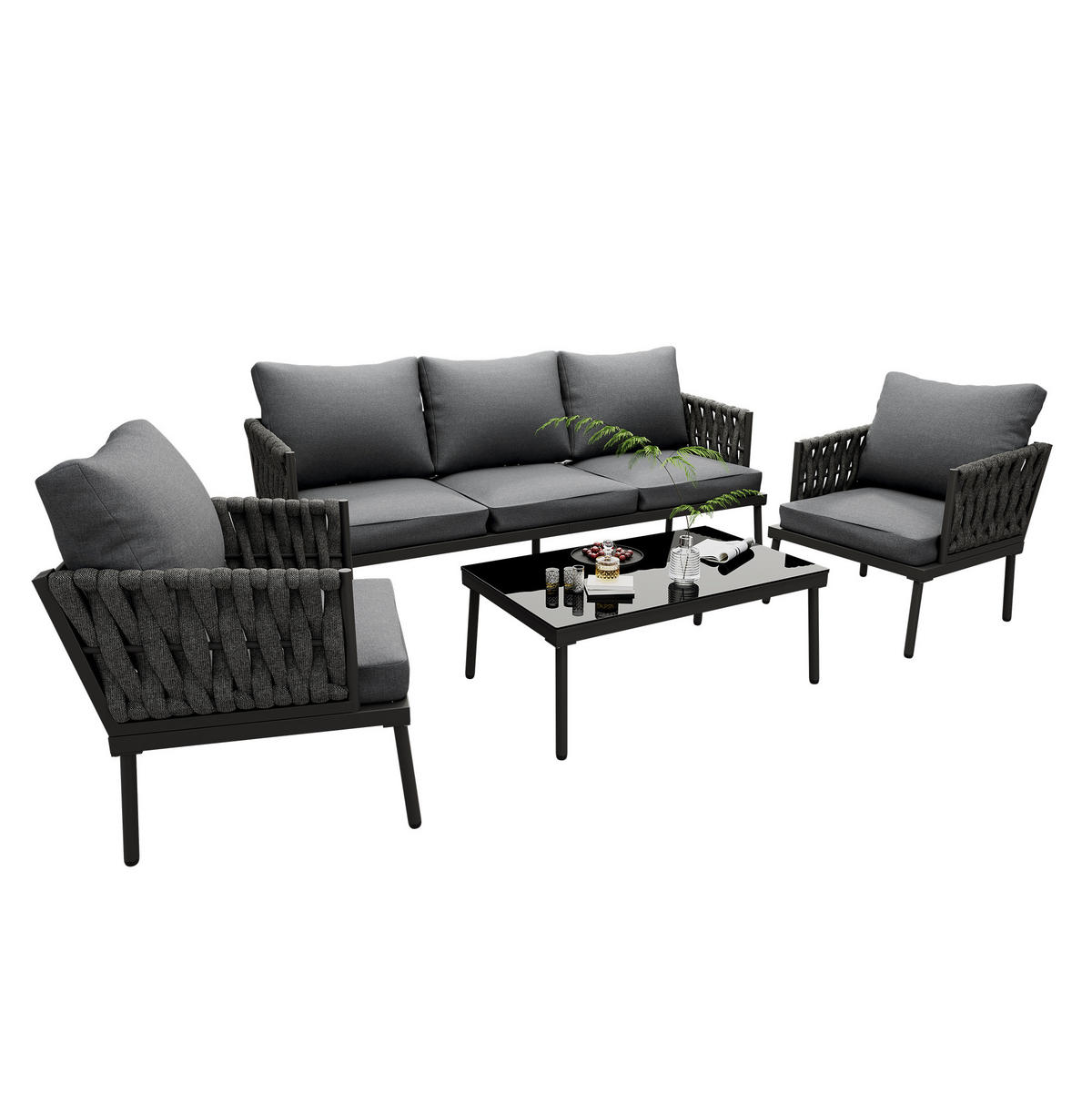 GARTENSET 4-tlg. 180x68x66cm grau aus Stahl und Seil mit Glas - Grau, Textil - Modfu