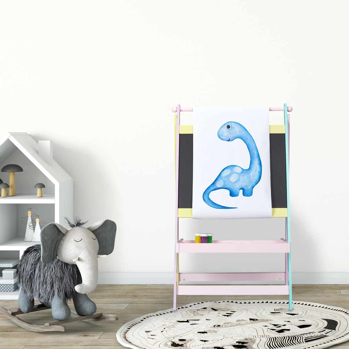 BARNTAFEL Flerfärgad griffeltavla med pappersrulle MDF 90 cm - Multicolor, Träbaserade material (56/90/42cm) - Relaxdays