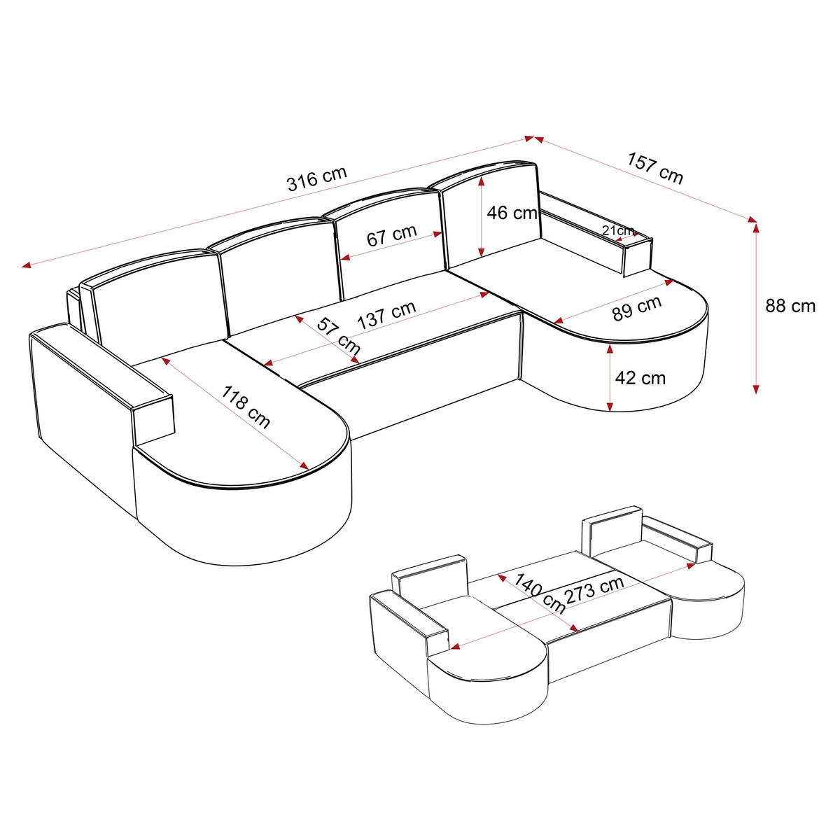 WOHNLANDSCHAFT U-Form mit Schlaffunktion, Creme - Creme, Textil (316/88/157cm) - Idohome