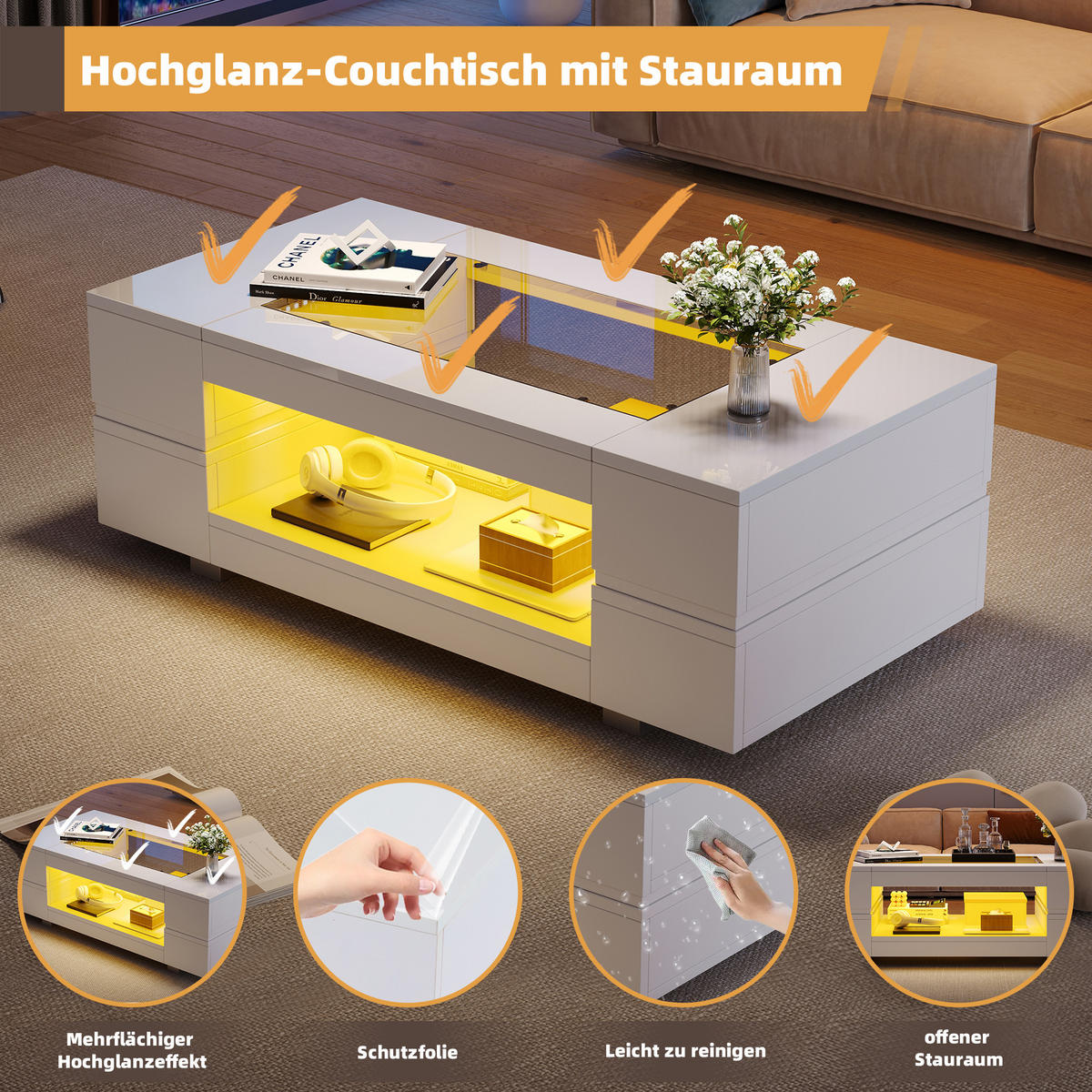 COUCHTISCH Weiß Hochglanz mit LED und Glasablage 100/50/35 cm - Weiß, Holzwerkstoff (50/100/35cm) - PANGIVO