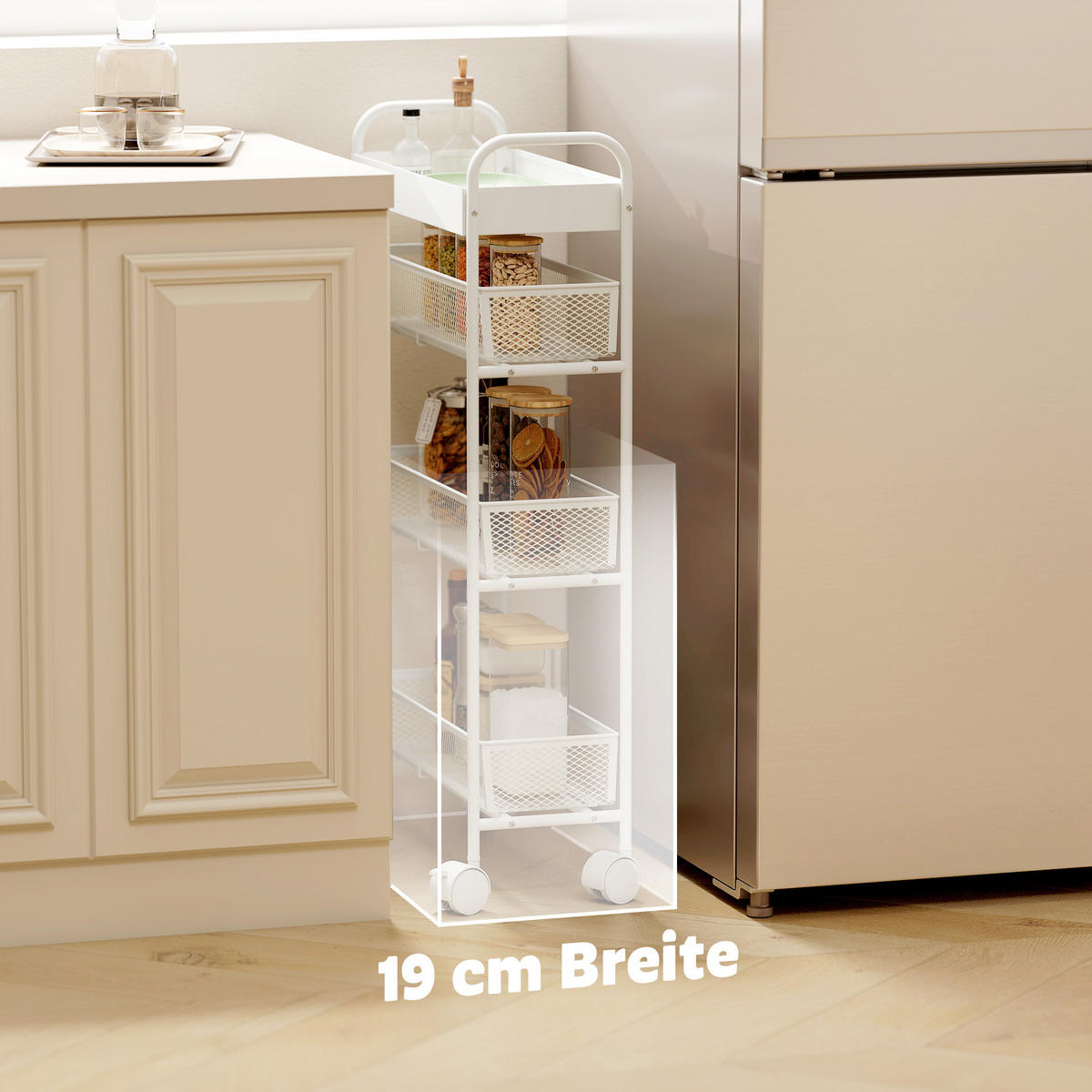 ROLLWAGEN Küchenwagen mit 4 Ebenen Servierwagen mit Rollen 3 Ausziehkörben Weiß - Weiß, Metall (19/80/43.2cm) - HOMCOM