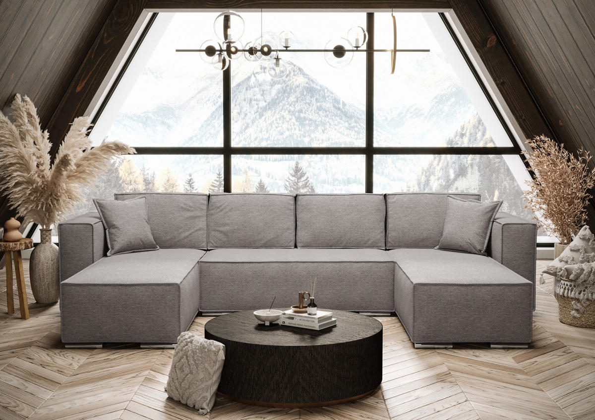 WOHNLANDSCHAFT Vinoria Hellgrau 327/180/82 cm mit Schlaffunktion - Chromfarben/Hellgrau, Textil/Metall (327/82/180cm) - AX Living