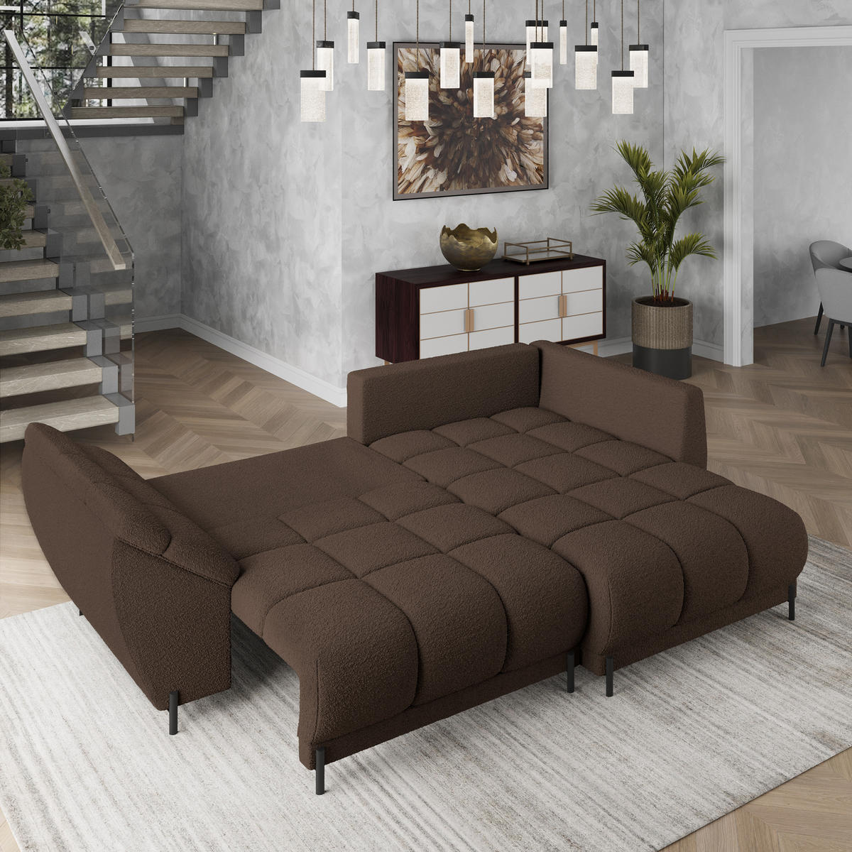 ECKSOFA VESTANO R-S Braun Boucle-Stoff mit Schlaffunktion - Braun, Holz (287/182cm) - MASSENO