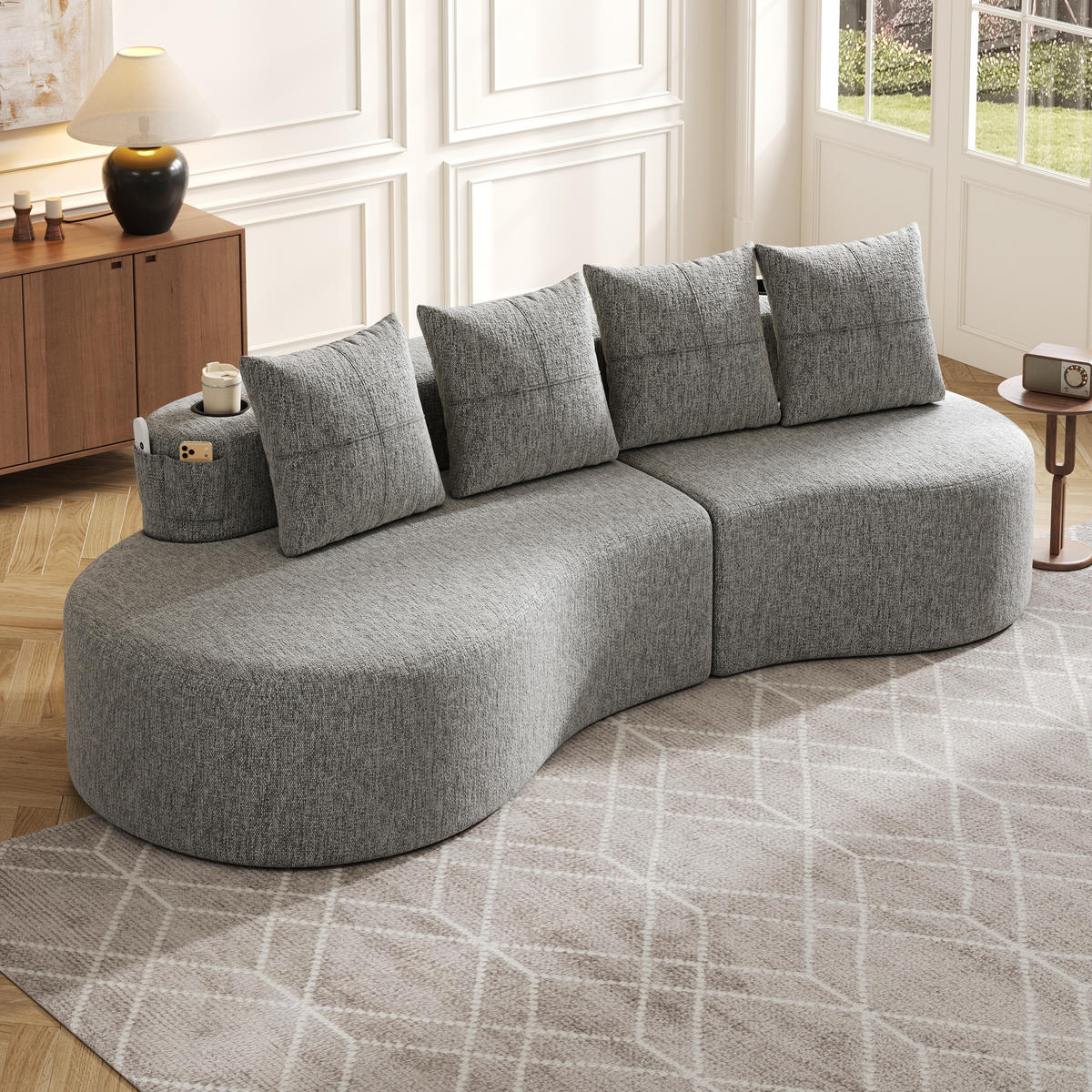 SOFA Leinen Hellgrau Mit Becherhalter, Seitentaschen Und 4 Kissen - Hellgrau, Textil (240/63/109cm) - WISHDOR