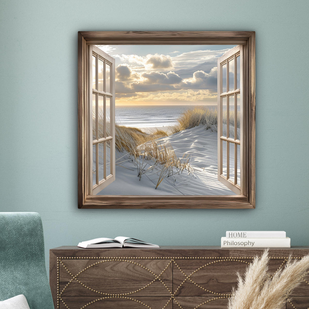 LEINWANDBILD Ausblick - Strand - Dünen - Meer - Natur 90x90 cm - Sandfarben, Textil (90/90cm) - MuchoWow