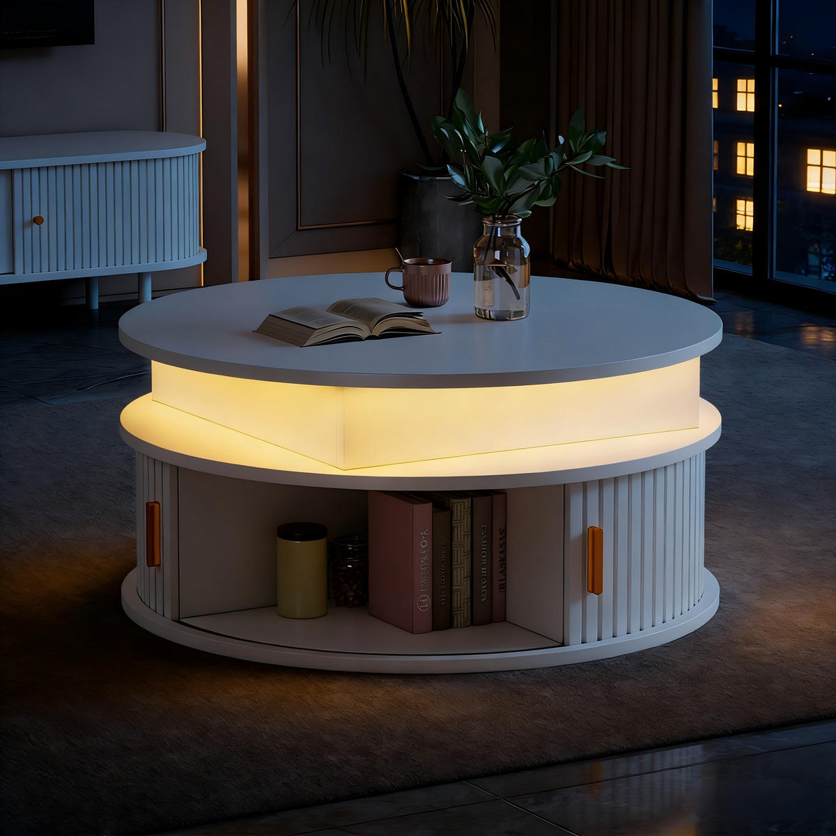COUCHTISCH 75x75x52 cm Weiß Hochglanz LED Rolltüren Stauraum - Weiß, Holzwerkstoff (75/75/52cm) - FLIEKS