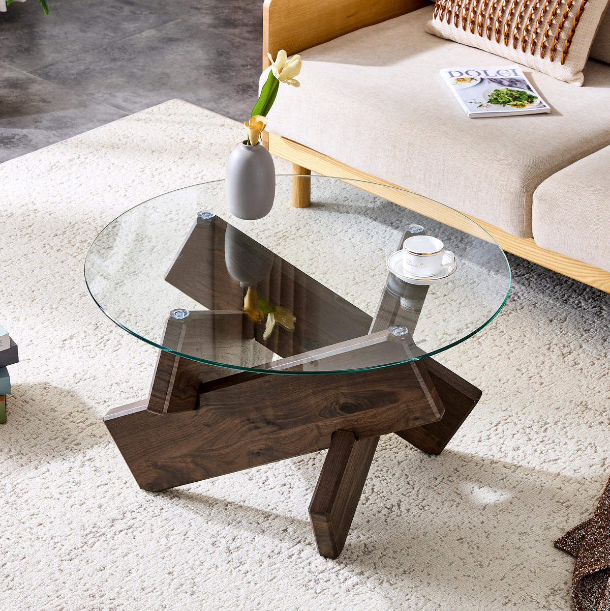 COUCHTISCH 79 cm in Walnuss/Transparent mit Glasplatte und Kreuzgestell - Klar, Holzwerkstoff (79/79/45cm) - Flora Grace