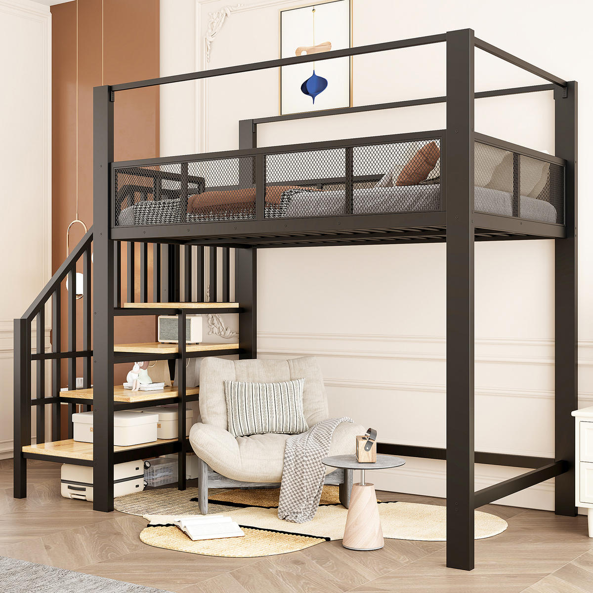 HOCHBETT Schwarz 90×200cm mit Baldachin, Stauraumtreppe und freier Arbeitsfläche unter dem Bett - Schwarz, Metall (90/200cm) - Luhomfu