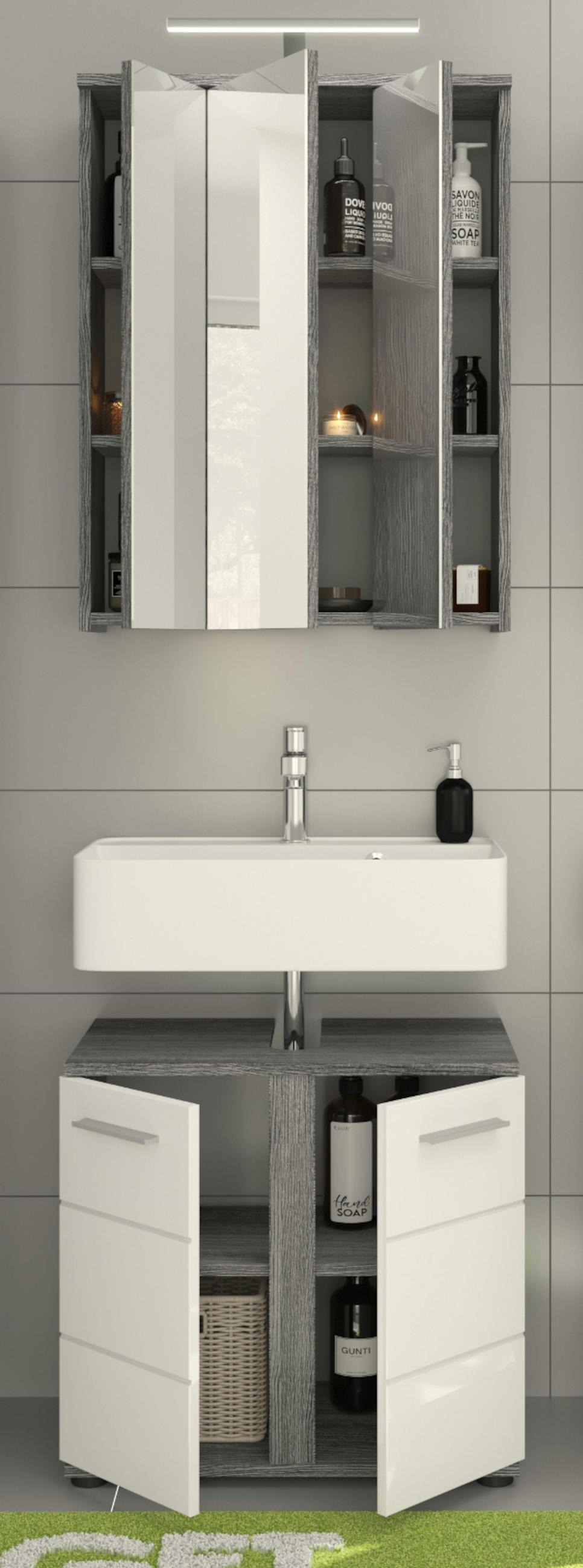 BADMÖBEL-SET weiß Hochglanz, grau 2-teilig 60 cm, 11 Fächer - Weiß Hochglanz/Grau, Glas/Holzwerkstoff (60/191/34cm) - Inn.Furn