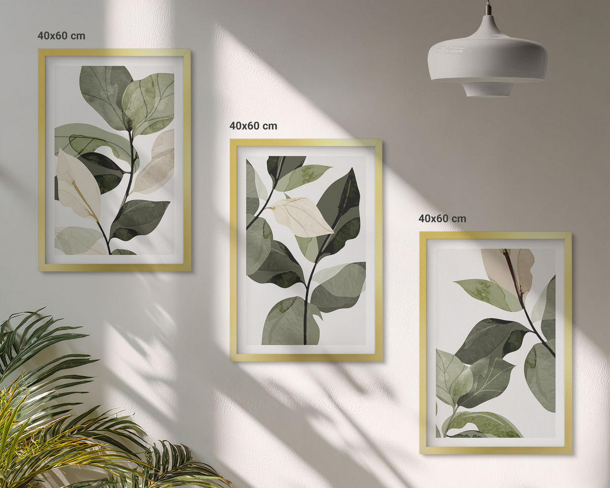 WANDBILDER 3er Set - 40x60 cm Goldrahmen - Bemalte Boho-Pflanzenblätter - Goldfarben, Kunststoff (40/60cm) - ArtPrintCave