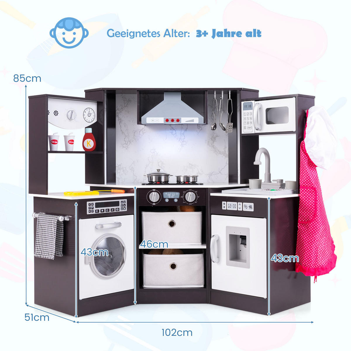 SPIELKÜCHENSET Kaffee - Braun, Holzwerkstoff (51/85/102cm) - COSTWAY