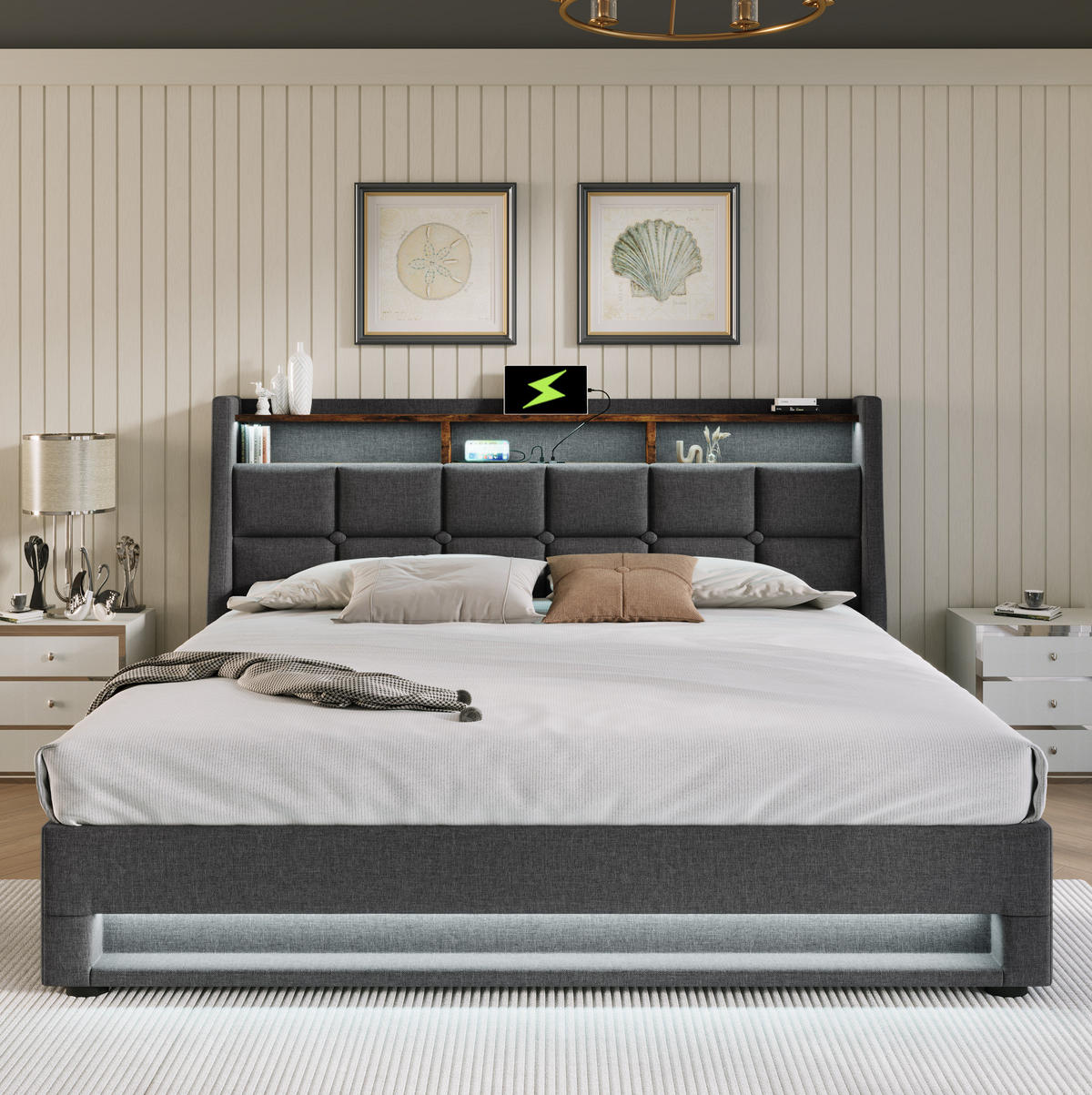 POLSTERBETT 160/200 cm Grau mit LED-Beleuchtung, USB und Bettkasten - Grau, Textil (160/200cm) - Flora Grace