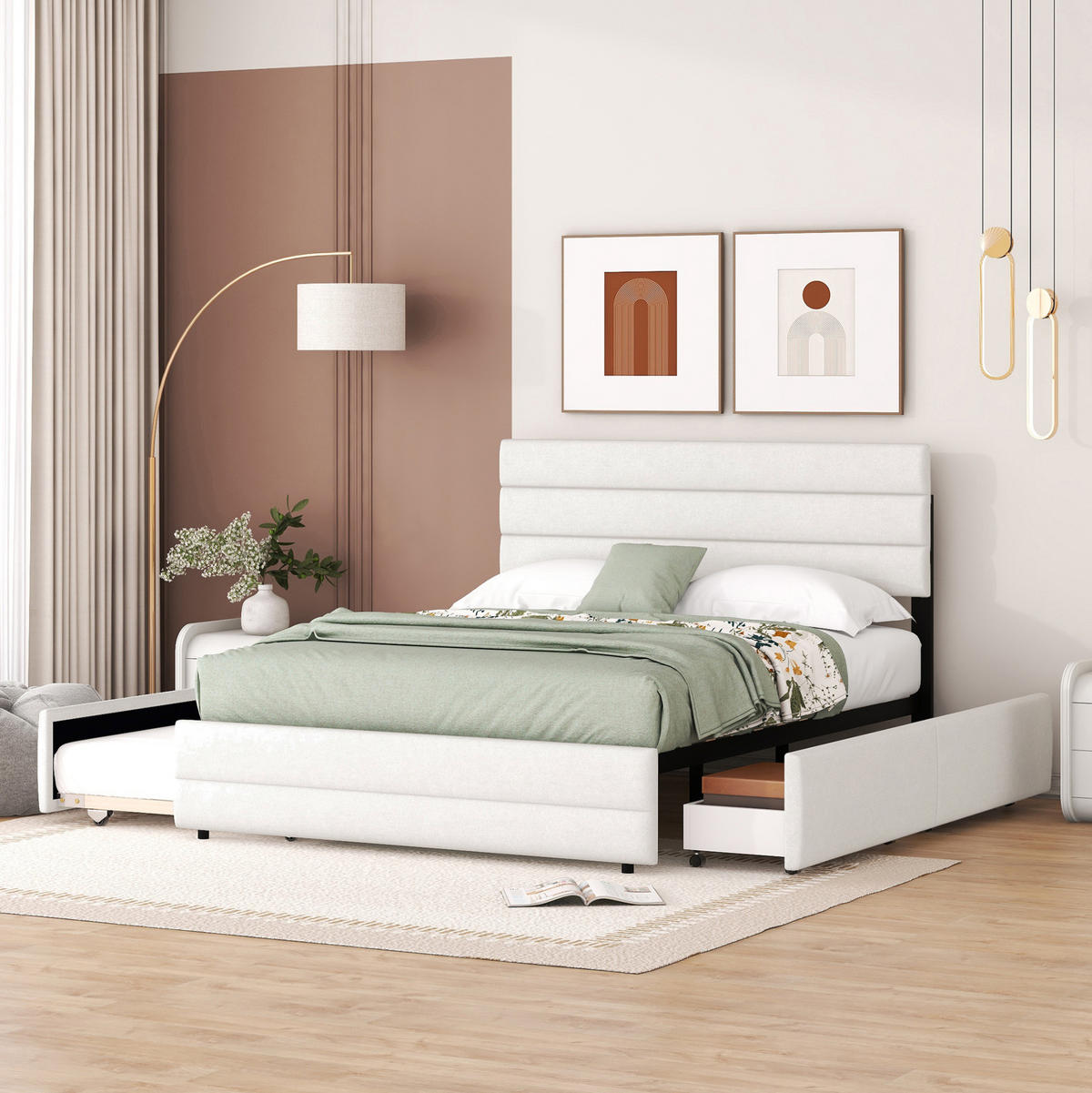 TAPECIRANI krevet 140/200 cm s pomoćnim ležajem i 2 ladice za pohranu, Bež - bež, drvni materijal (140/200cm) - Redom