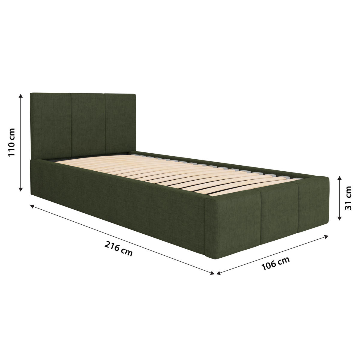 POLSTERBETT für Schlafzimmer Bett mit Stauraum Khaki 90x200cm Kopfteil 110cm - Olivgrün, Holzwerkstoff/Metall (90/200cm) - Muralo