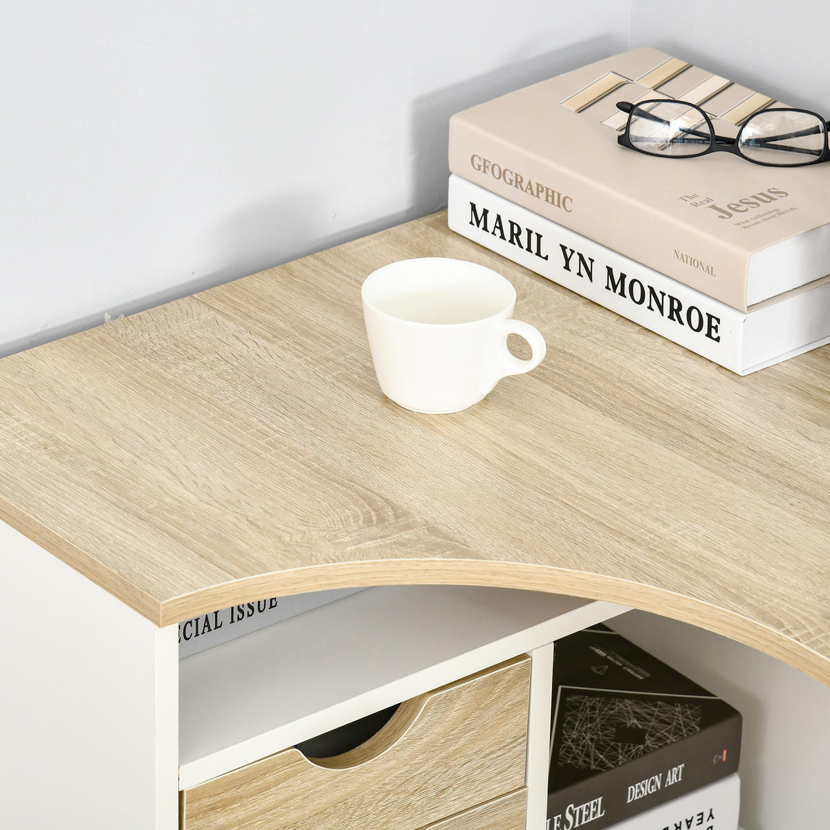 ECKSCHREIBTISCH Eiche-Optik hell mit 2 Schubladen und 3 Fächern 120/60/74 cm - Weiß, Holzwerkstoff (60/120/74cm) - PANGIVO