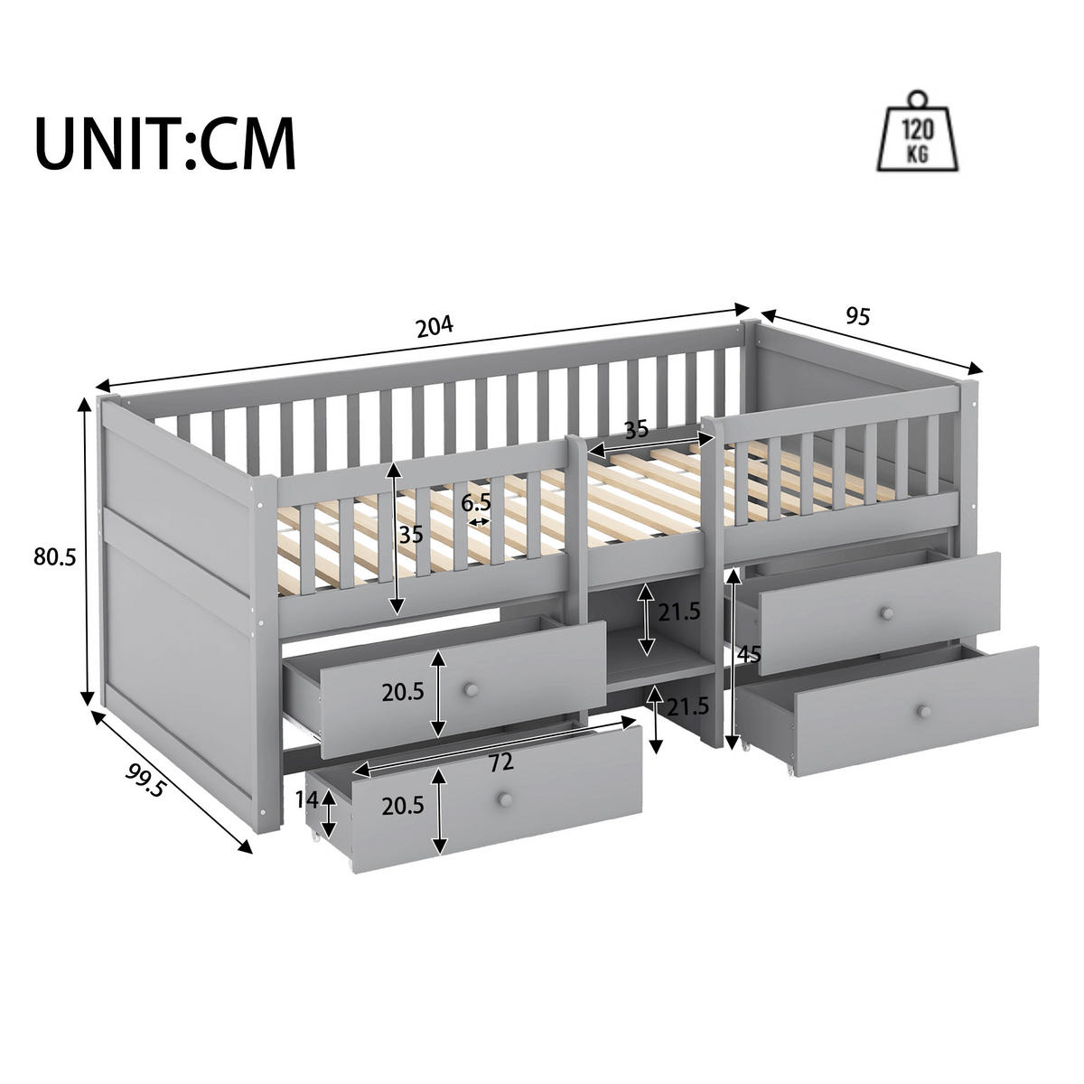 HOCHBETT 90/200 cm grau mit 4 Schubladen und Sicherheitsgeländer - Grau, Holz (90/200cm) - OKWISH