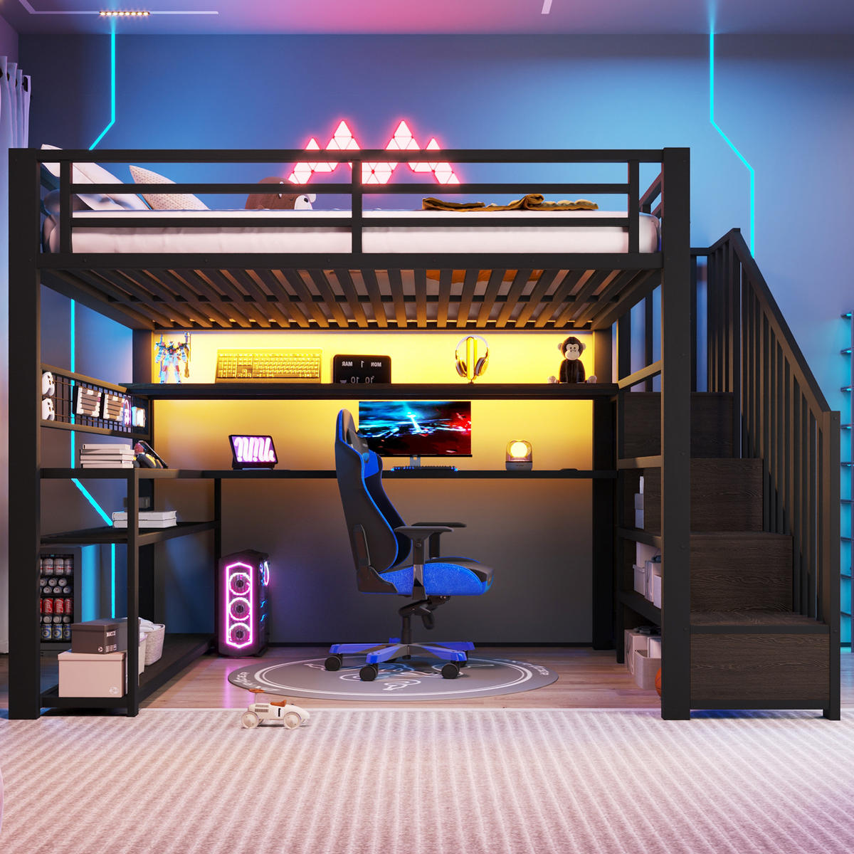 HOCHBETT 140/200 cm in Schwarz aus Metall und MDF mit LED, Kleiderschrank, Schreibtisch und Stauraum - Schwarz, Holzwerkstoff/Metall (140/200cm) - WISHDOR