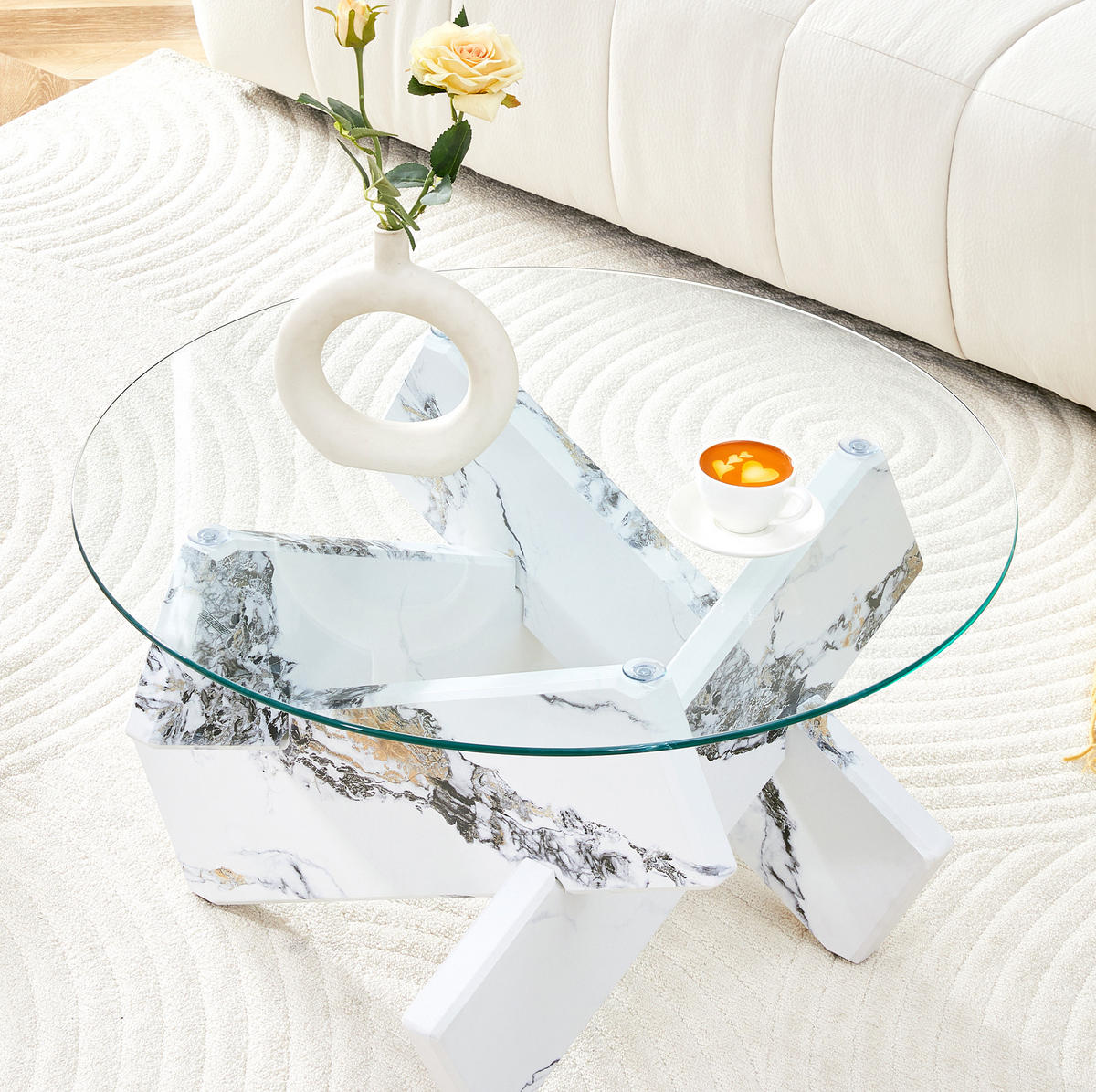 COUCHTISCH 79/45 cm aus Glas und MDF in Weiß mit Marmordekor - Klar, Holzwerkstoff (79/79/45cm) - Flora Grace