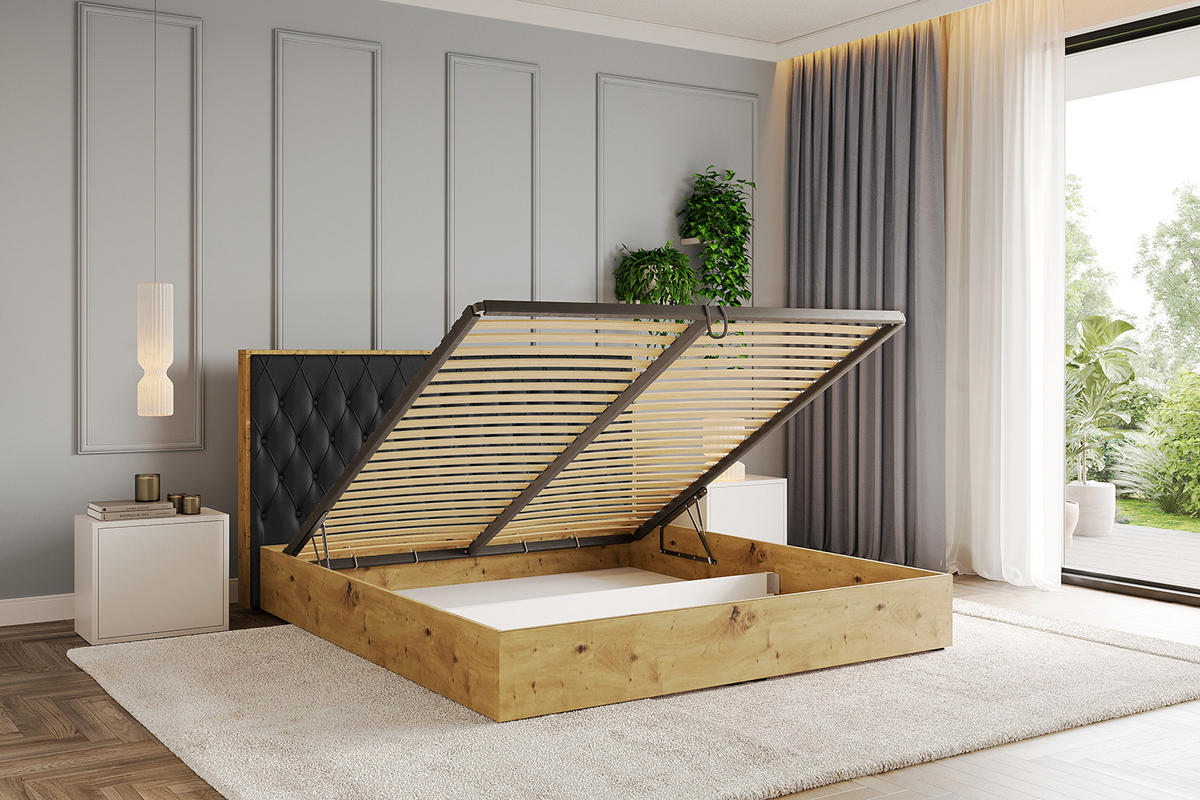 POLSTERBETT mit Bettkasten und Lattenrost, Bett mit Matratze H3/H4 - ENZO5 180x200 Schwarz Kunstleder - Schwarz Hochglanz, Holzwerkstoff/Textil (180/200cm) - ALTDECOR