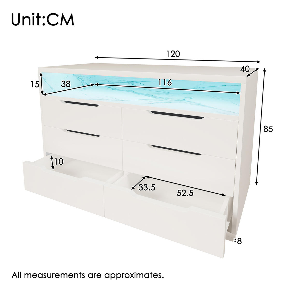 SIDEBOARD 120/40/85 cm mit LED-Beleuchtung, 6 Schubladen und offenem Fach aus Spanplatte, Weiß - Weiß, Holzwerkstoff (120/85/40cm) - Redom