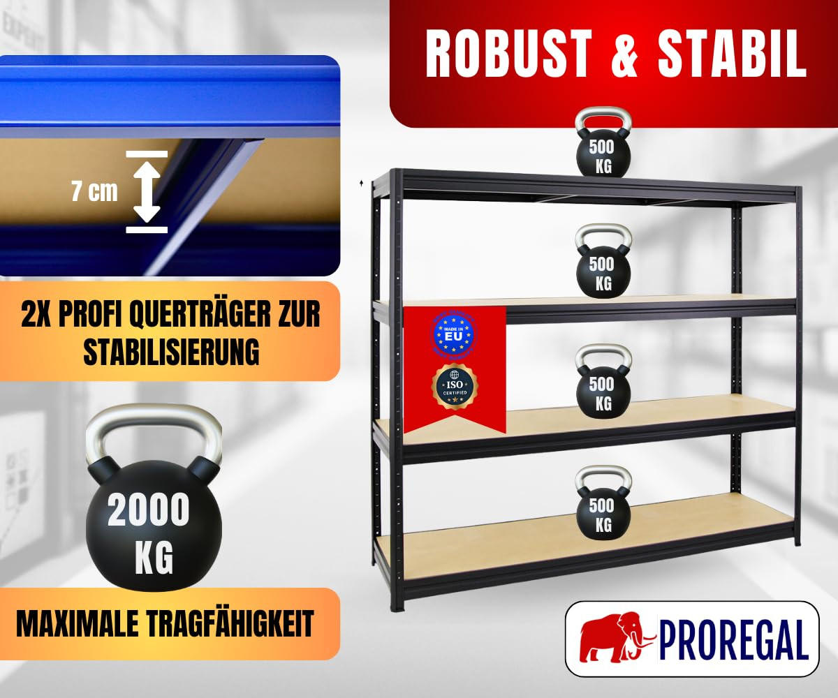 SCHWERLASTREGAL Dino 180x200x60 cm Fachlast 500 kg Schwarz - Schwarz, Metall (200/180/60cm) - PROREGAL