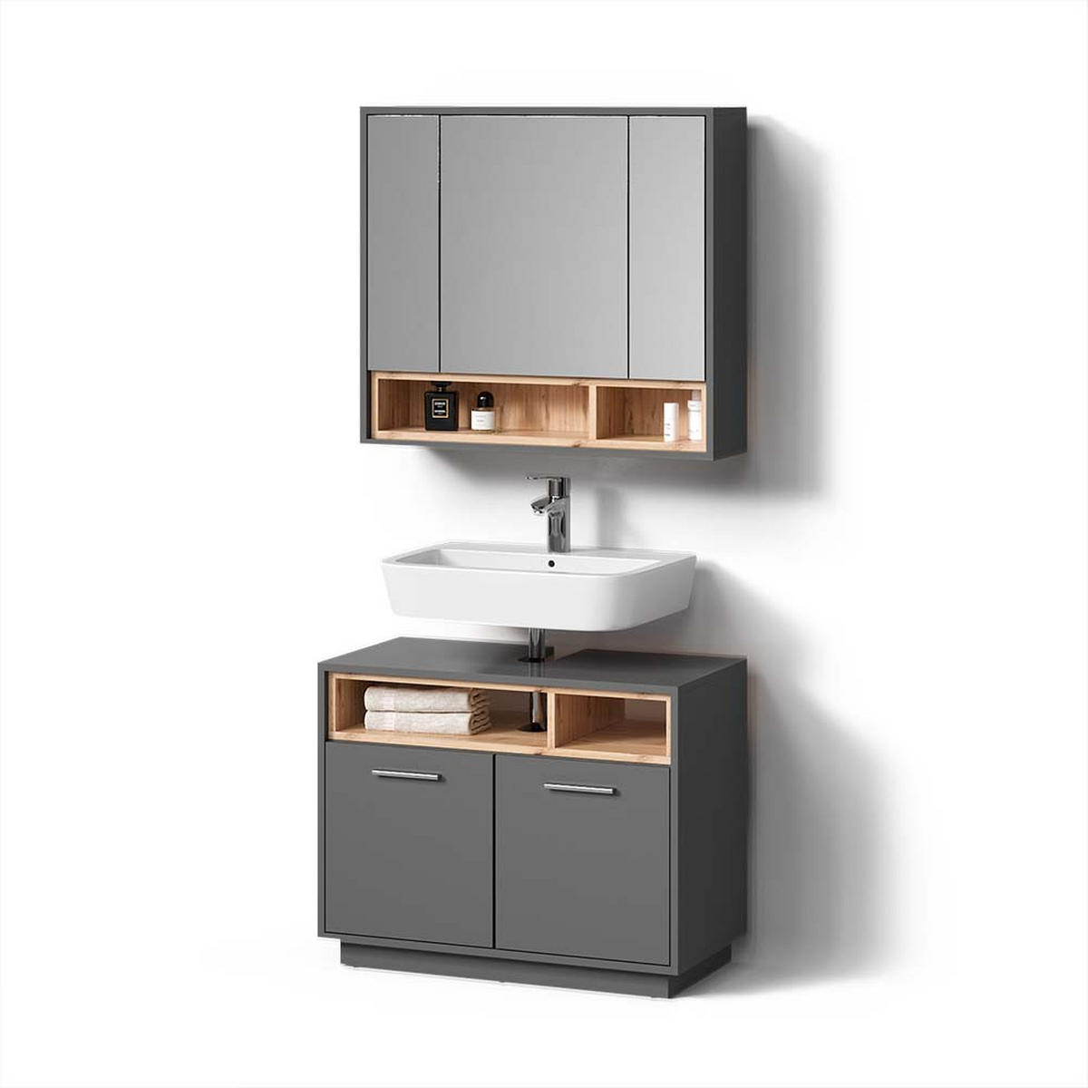 BADMÖBEL-SET Temo Anthrazit 2 Teile - Anthrazit/Sonoma Eiche, Holzwerkstoff (80/72/40cm) - Livinity®