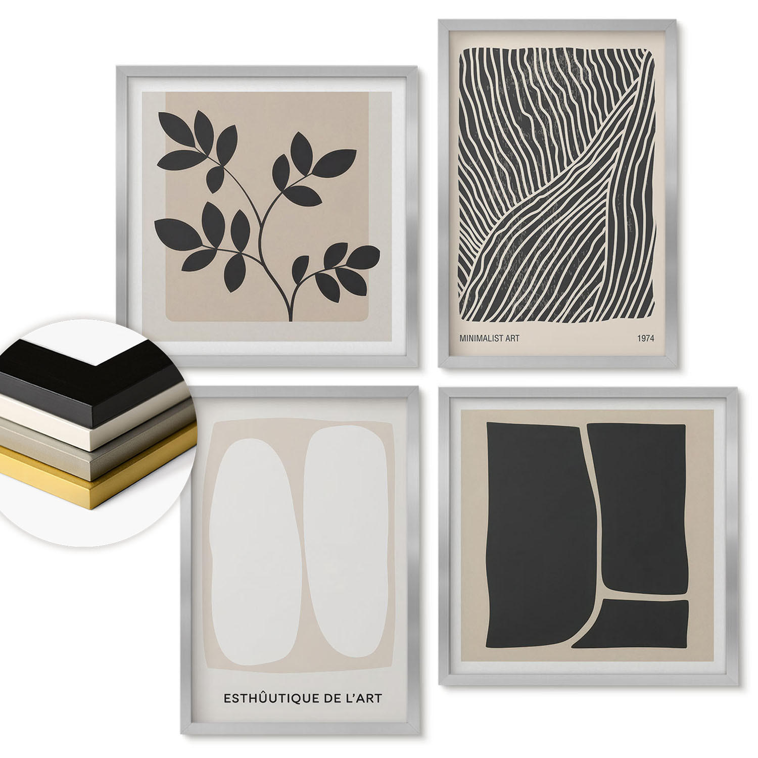 WANDBILDER 4er Set - 50x50 cm & 40x60 cm Silberner Rahmen - Minimalistische Pflanzenmuster - Silberfarben, Kunststoff (50/50cm) - ArtPrintCave