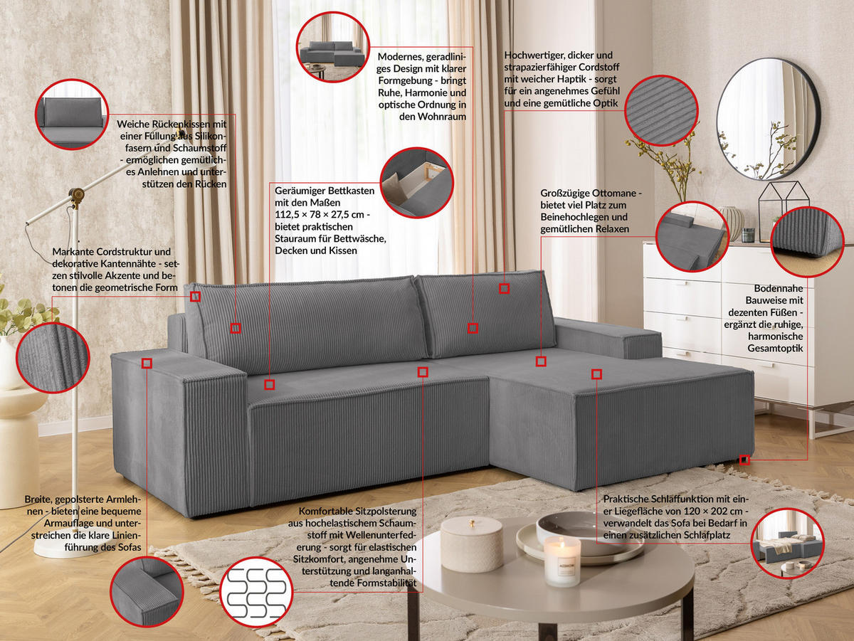 ECKSOFA Rivio mit Schlaffunktion und Bettkasten, Cordstoff Grau - Schwarz/Grau, Holz/Kunststoff (262/149cm) - S-Style
