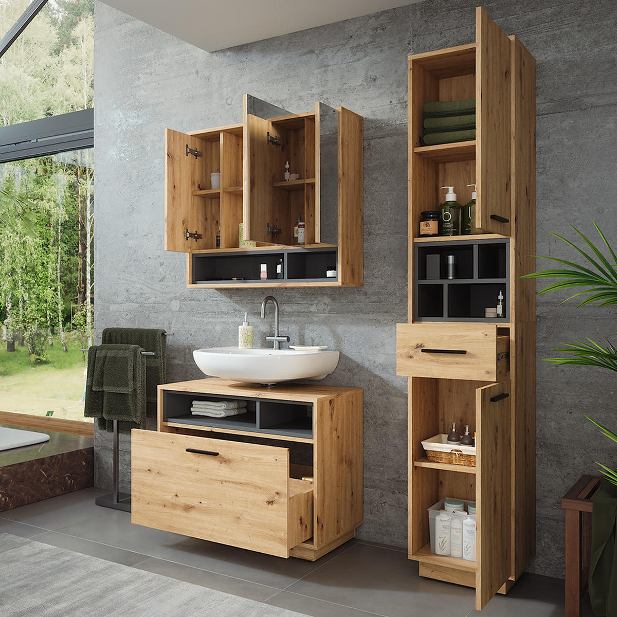 KOUPELNOVÝ NÁBYTEK Beatrice Dub Artisan/antracit - antracitová/dub artisan, kompozitní dřevo (80/64/35cm) - Vicco