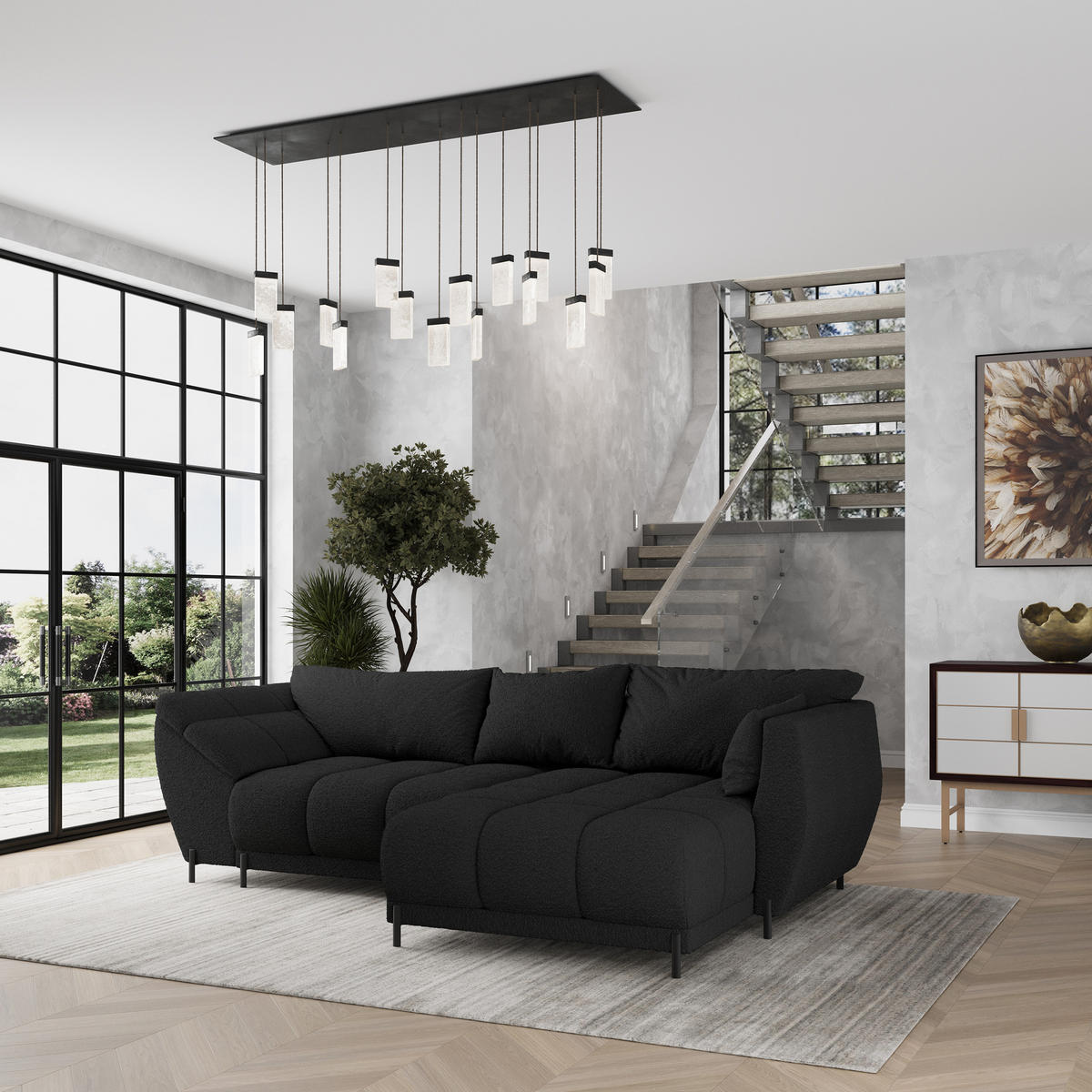 ECKSOFA VESTANO R-S Schwarz Boucle-Stoff mit Schlaffunktion - Schwarz, Holz (287/182cm) - MASSENO