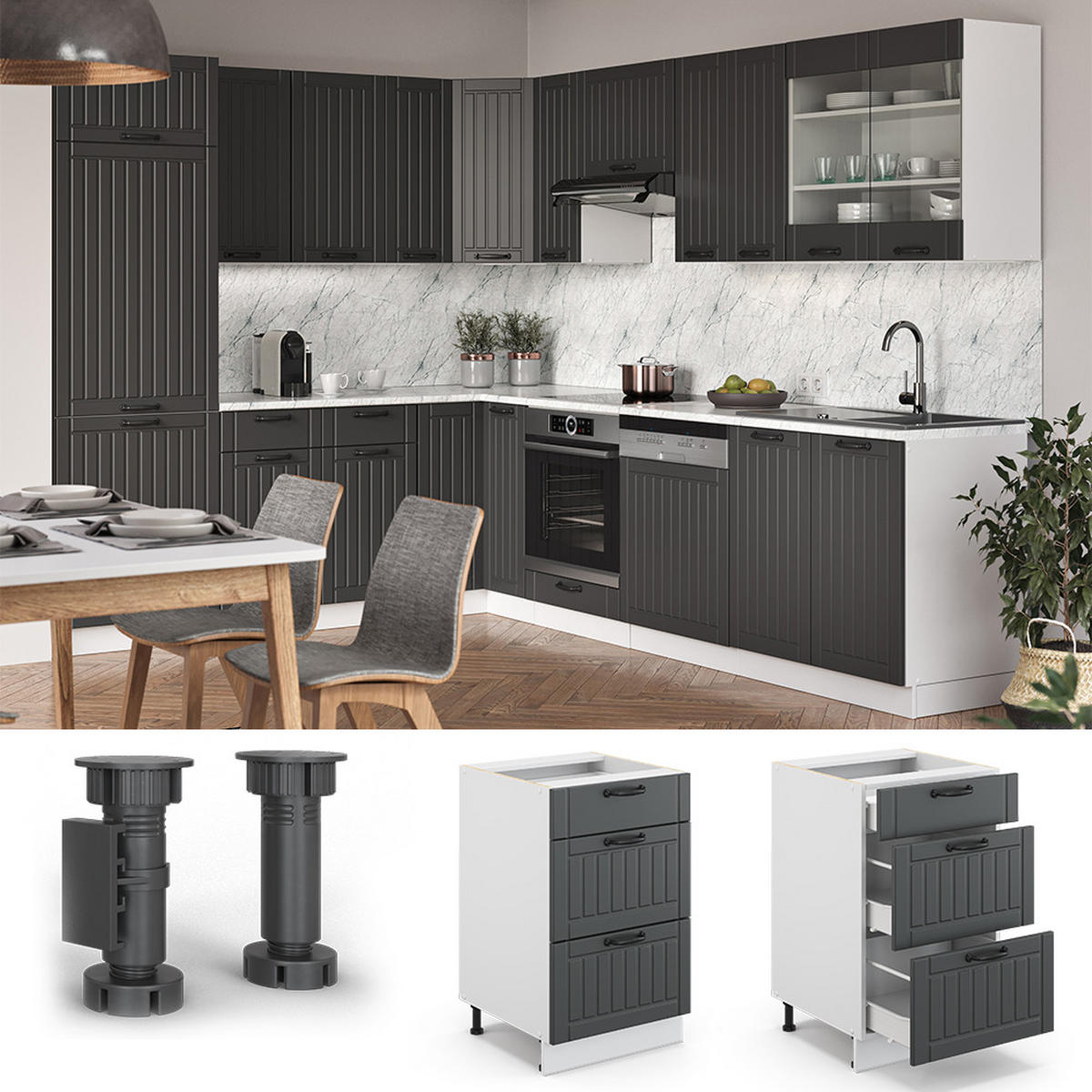 KÜCHENUNTERSCHRANK Fame-Line Anthrazit Landhaus 50 cm ohne AP - Anthrazit/Weiß, Holzwerkstoff (50/82/51.6cm) - Vicco