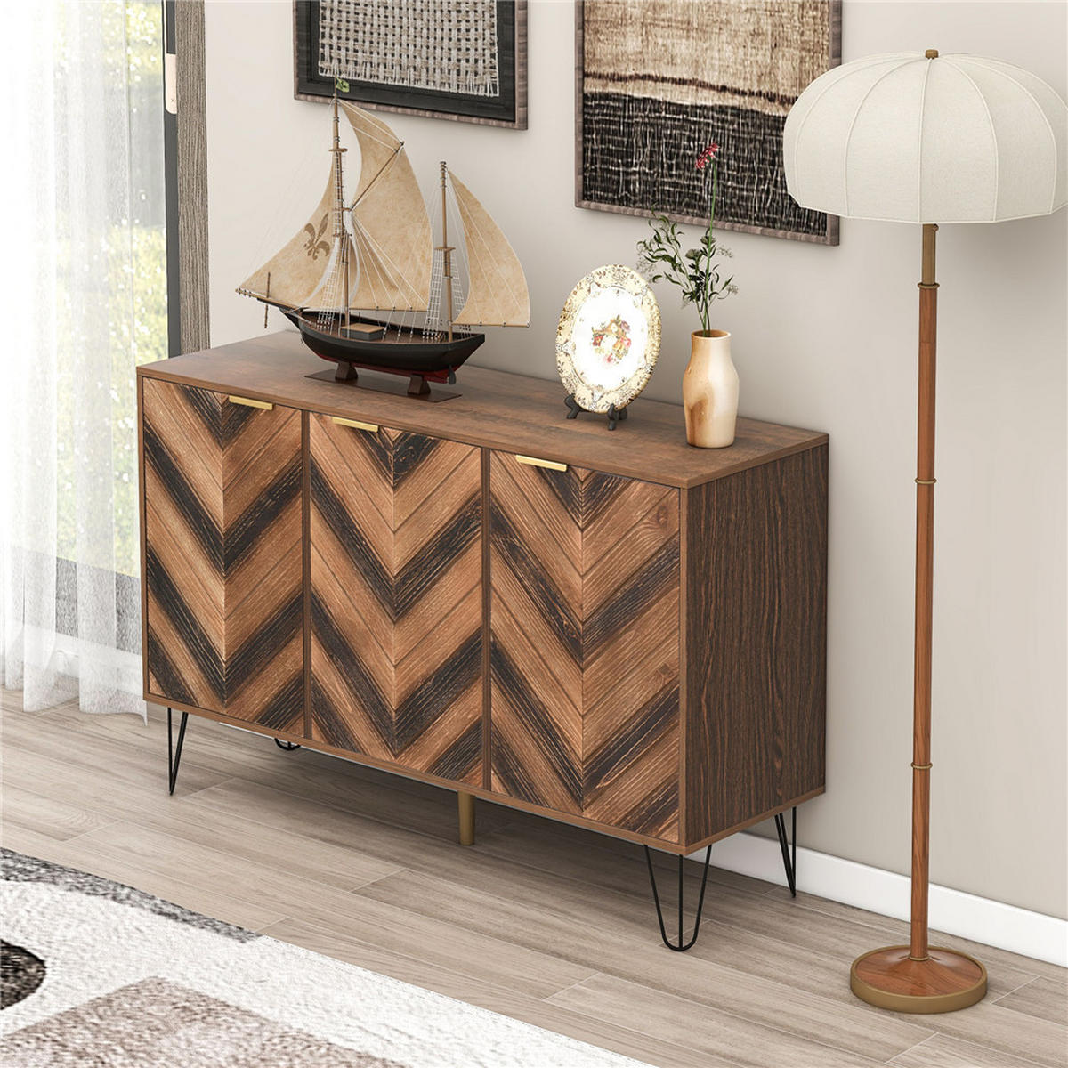 SIDEBOARD 120/76,5/38 cm mit 3 Türen Massivholzfurnier Gold Griffe - Braun, Holz (120/76.5/38cm) - Kaket