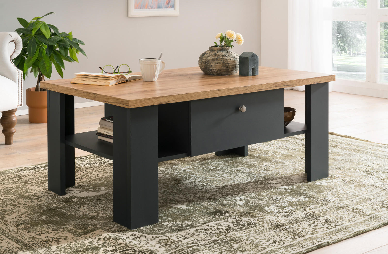 COUCHTISCH grau, Eiche Wotan, Landhaus 110 x 70 cm, Beistelltisch mit Soft-Close - Silberfarben/Eiche Wotan, Holzwerkstoff/Kunststoff (110/70/45cm) - Furn.Design