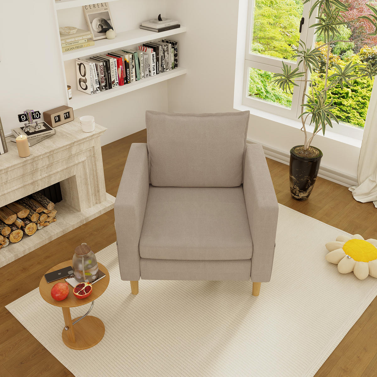 SESSEL Chenille Khaki mit Seitentasche und Kissen - Hellbraun, Holz/Holzwerkstoff (71/82/68cm) - WISHDOR
